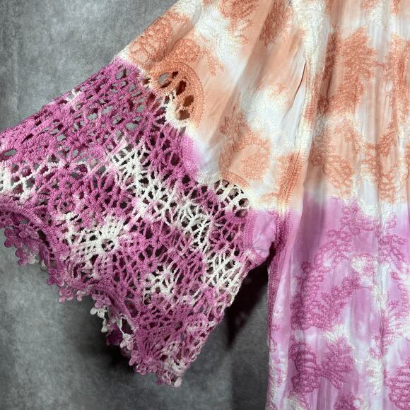 Democracy Kimono Top Womens 2X‎ Multicolor Tie Dye Crochet Trim Open Front Boho - Picture 5 of 11